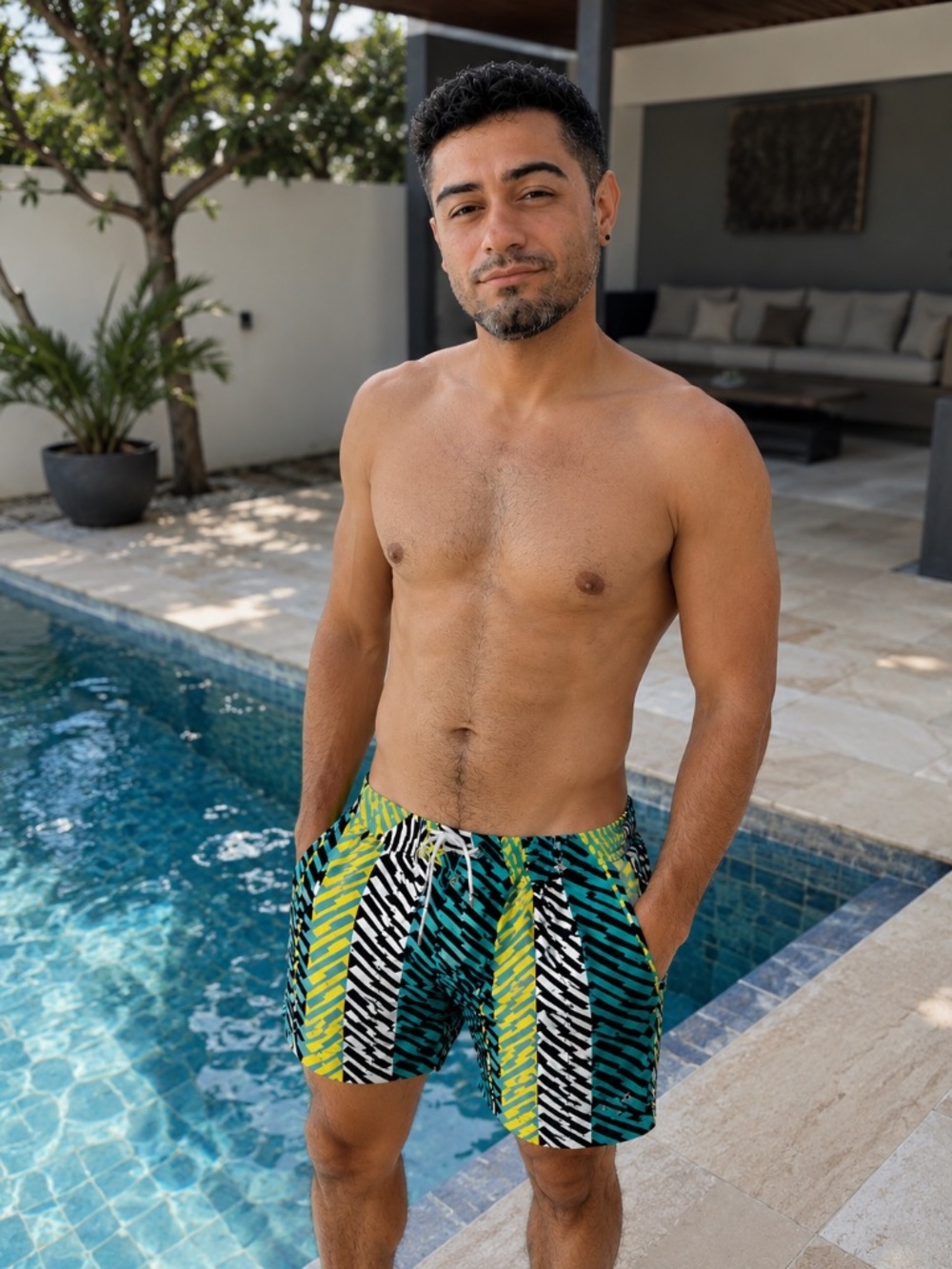 Mr Turk Trina Turk Geometric Teal Yellow Swim Trunks Men's 30